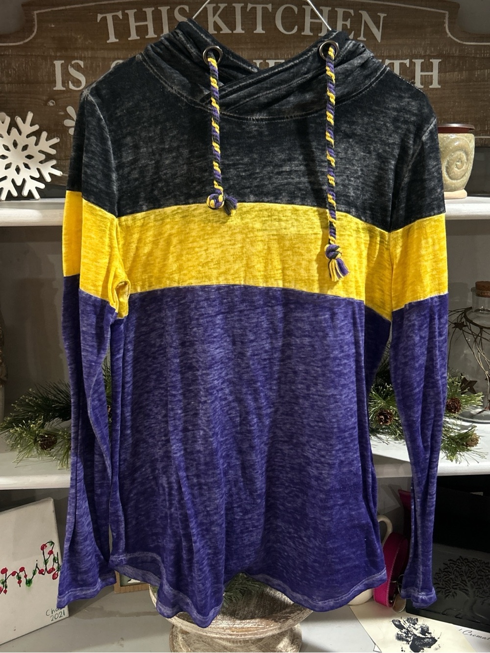 Maurices Black, Yellow & Purple Hooded Long Sleeve Shirt
